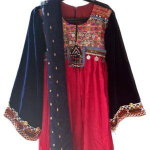 Blue and Pink Afghan Kuchi Vintage Dress Long, Traditional, Size Medium